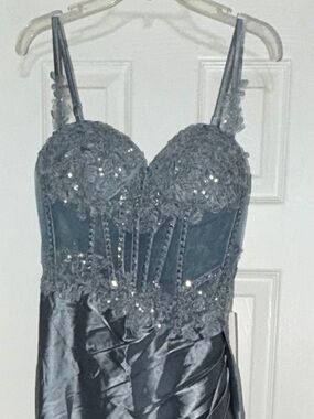 Elegant Blue Satin Sequined Corset Prom Dress, Size 2